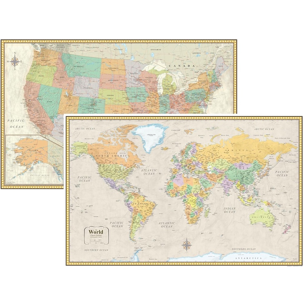 Vintage-Style World & US Map Wall Art Set - Multicolor (Laminated)